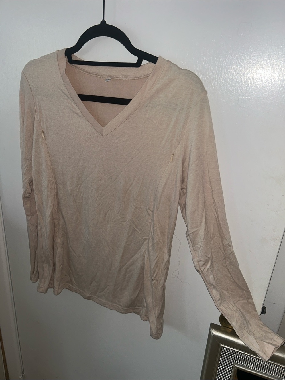 Women's V-Neck Long Sleeve Top - Beige Zipper Openings